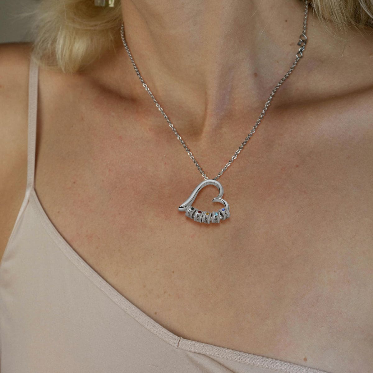 Collier Personnalisé Cœur Familial Pierres de Naissance et Noms - Acier Inoxydable