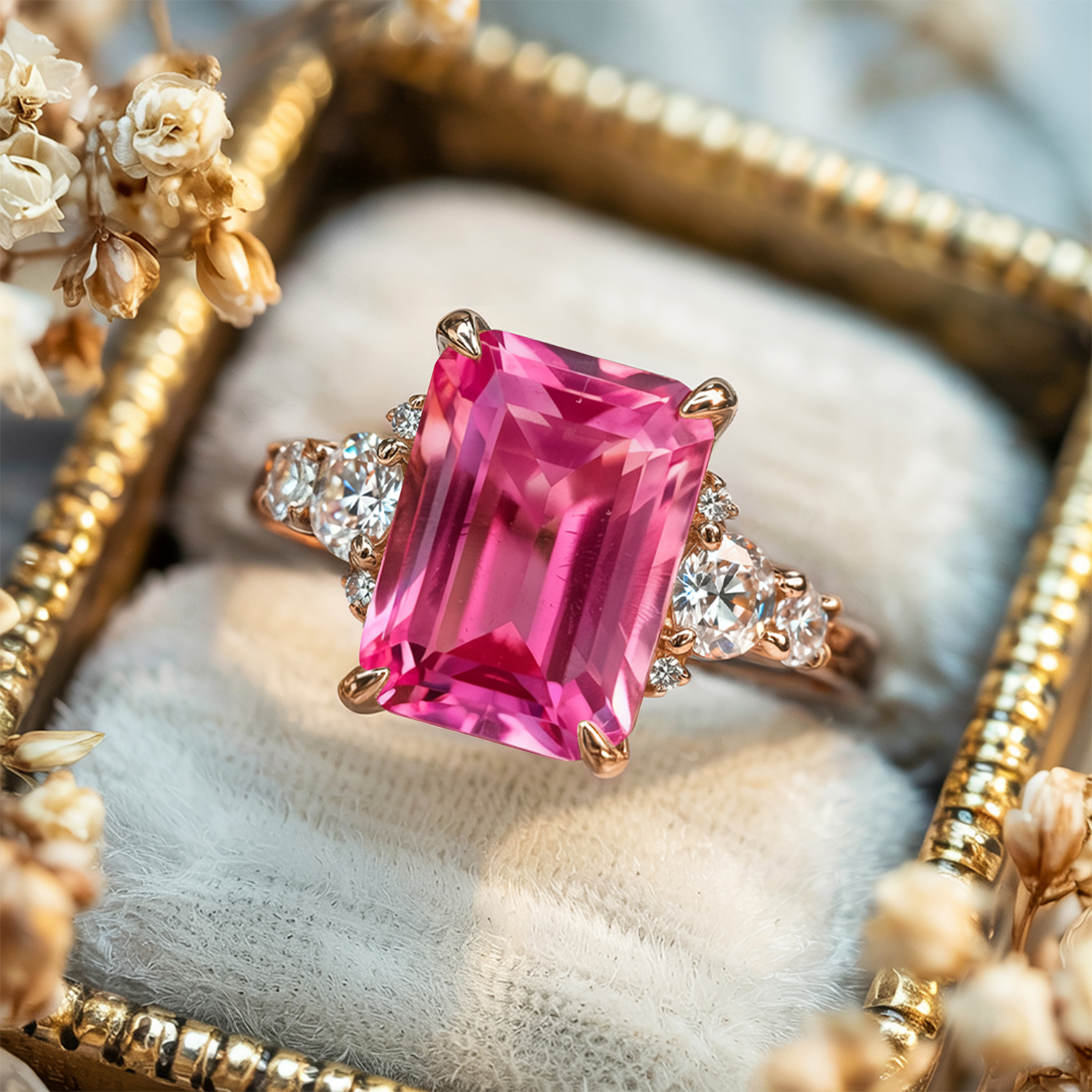 The Bella Jewel 3CT Emerald Cut Pink Moissanite Ring