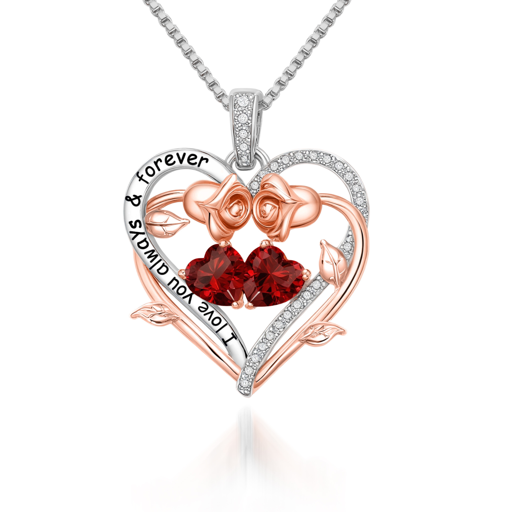Collier cœur rose gravé avec pierre de naissance