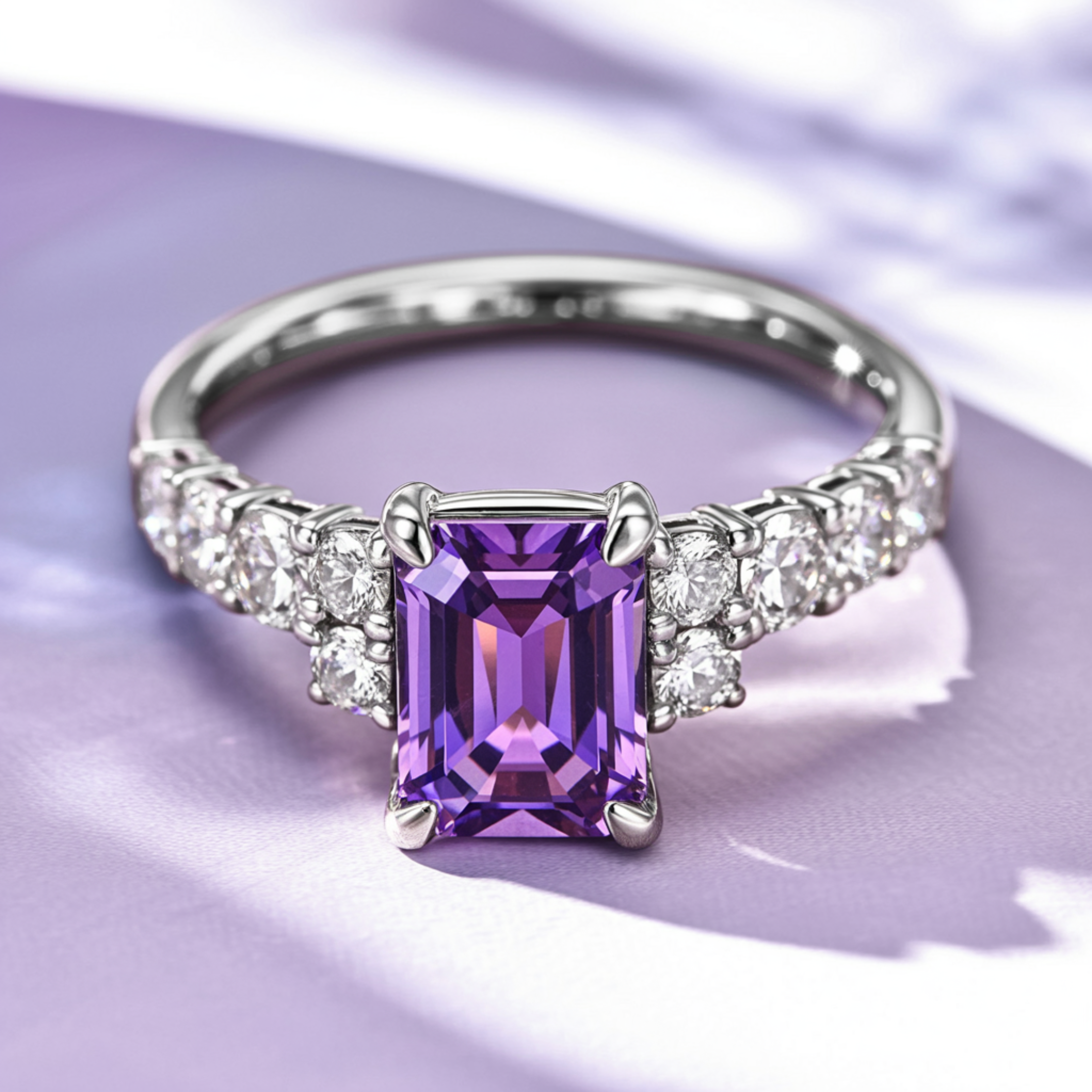 The Adelina Rae 2CT Emerald Cut Purple Moissanite Ring