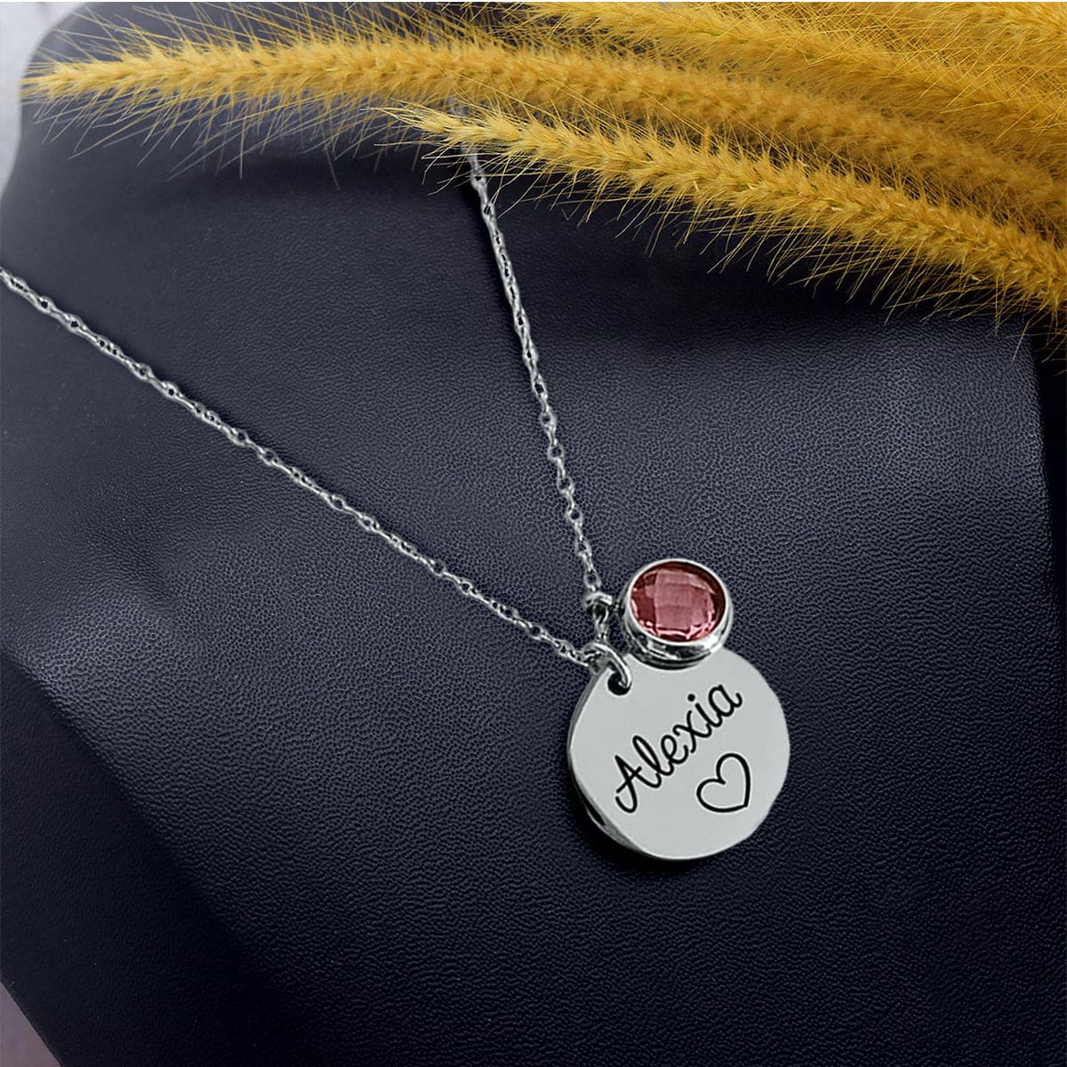 Collier Pendentif Disque Personnalisé Gravé Nom et Pierre de Naissance - Acier Inoxydable