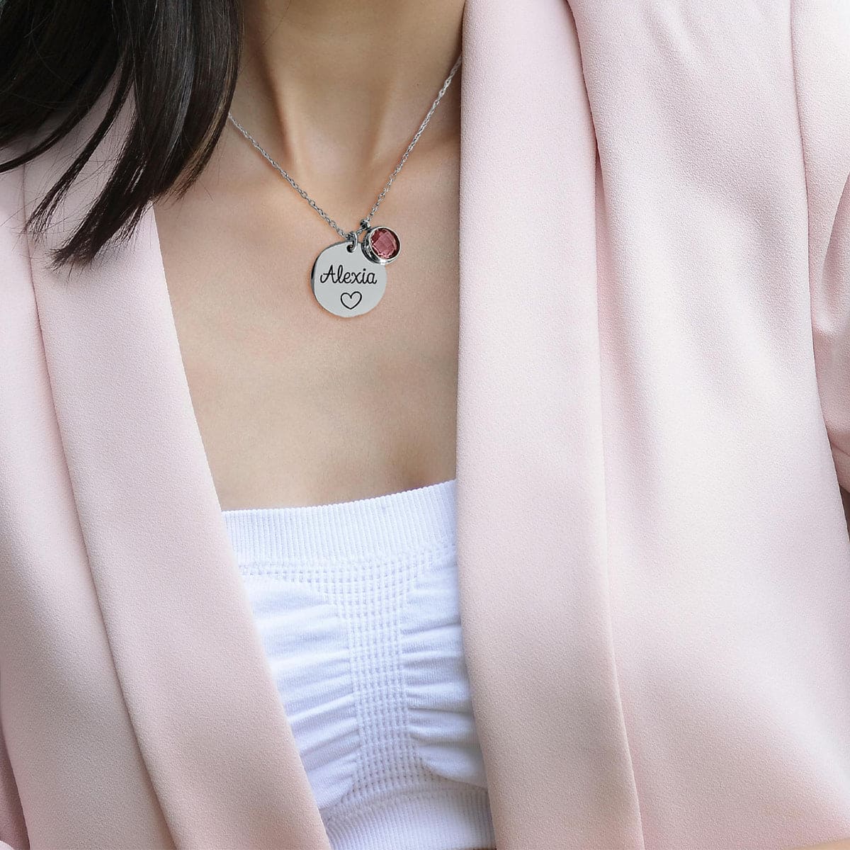 Collier Pendentif Disque Personnalisé Gravé Nom et Pierre de Naissance - Acier Inoxydable