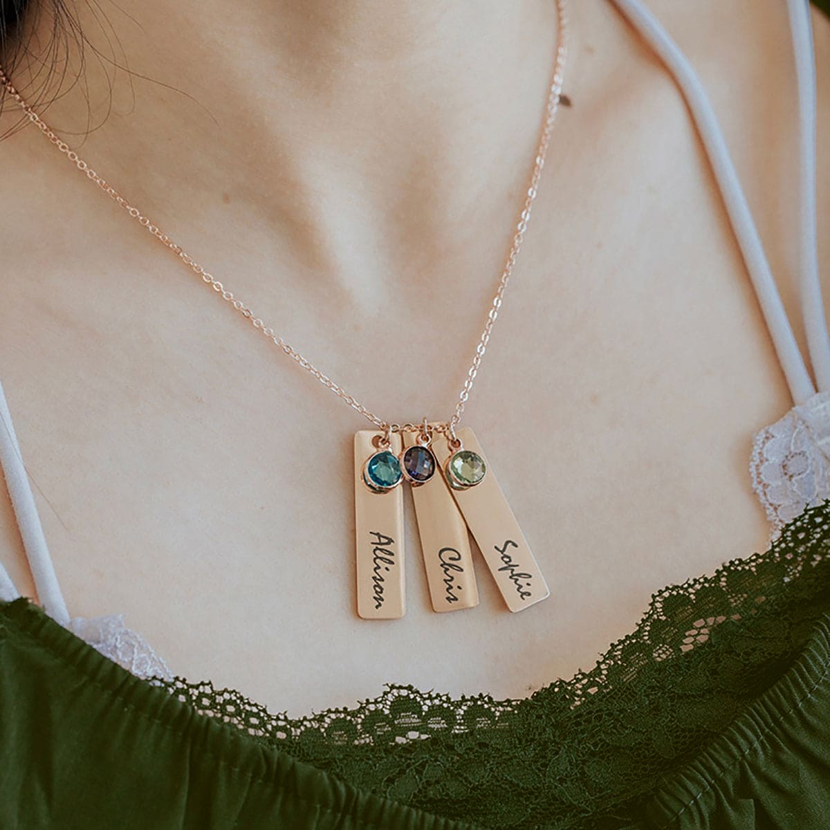 Collier Barre Personnalisé Gravure & Pierre de Naissance - Acier Inoxydable