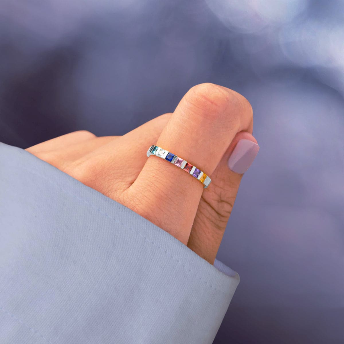 Bague personnalisée pierres de naissance familiales, coupe carrée - Argent Sterling S925