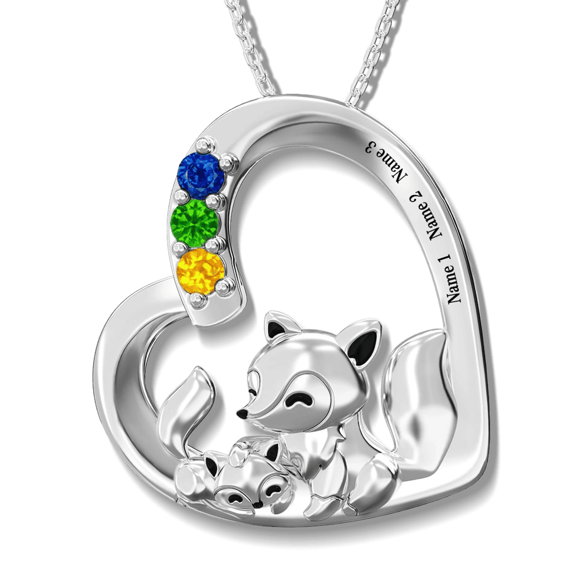 Collier Personnalisé Famille Renard Pierres de Naissance - Acier Inoxydable