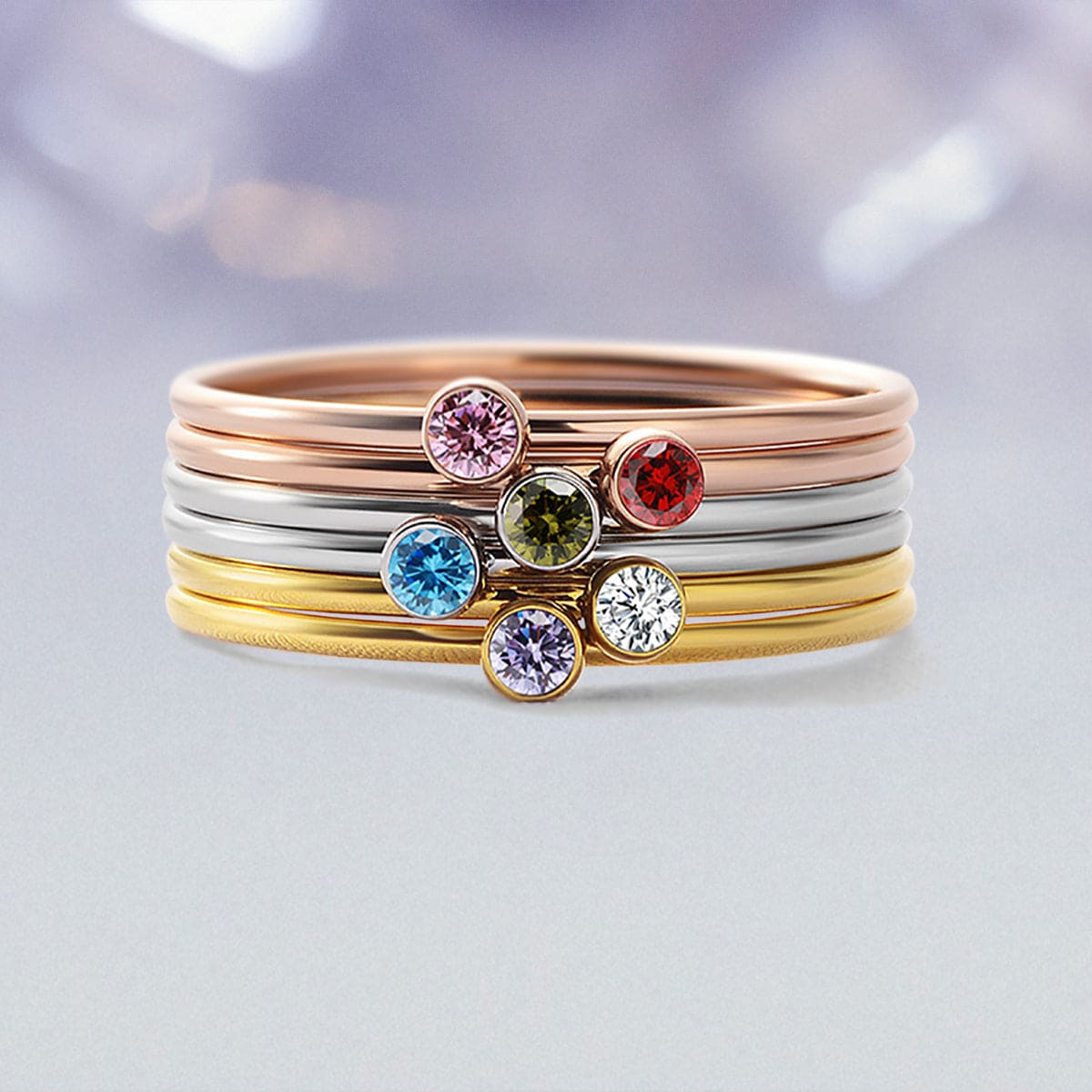 Bague empilable personnalisée avec pierres de naissance familiales - Acier inoxydable