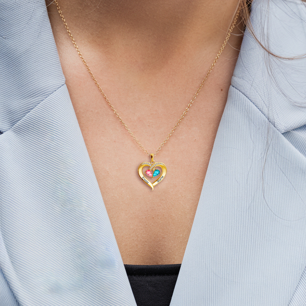 Magnifique épouse | Collier cœur personnalisé 2 pierres de naissance