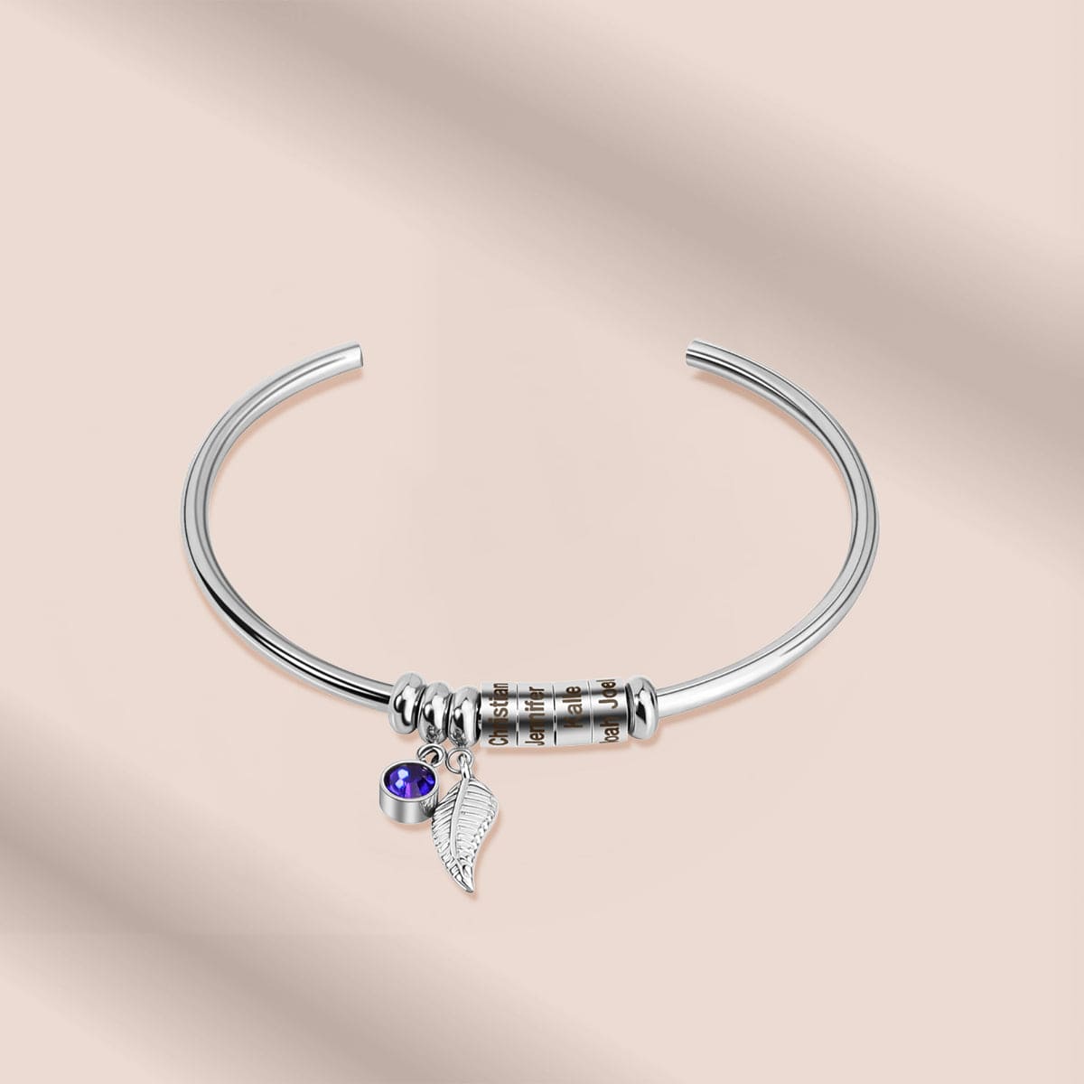Bracelet jonc personnalisé avec pierres de naissance et noms de famille - Acier inoxydable