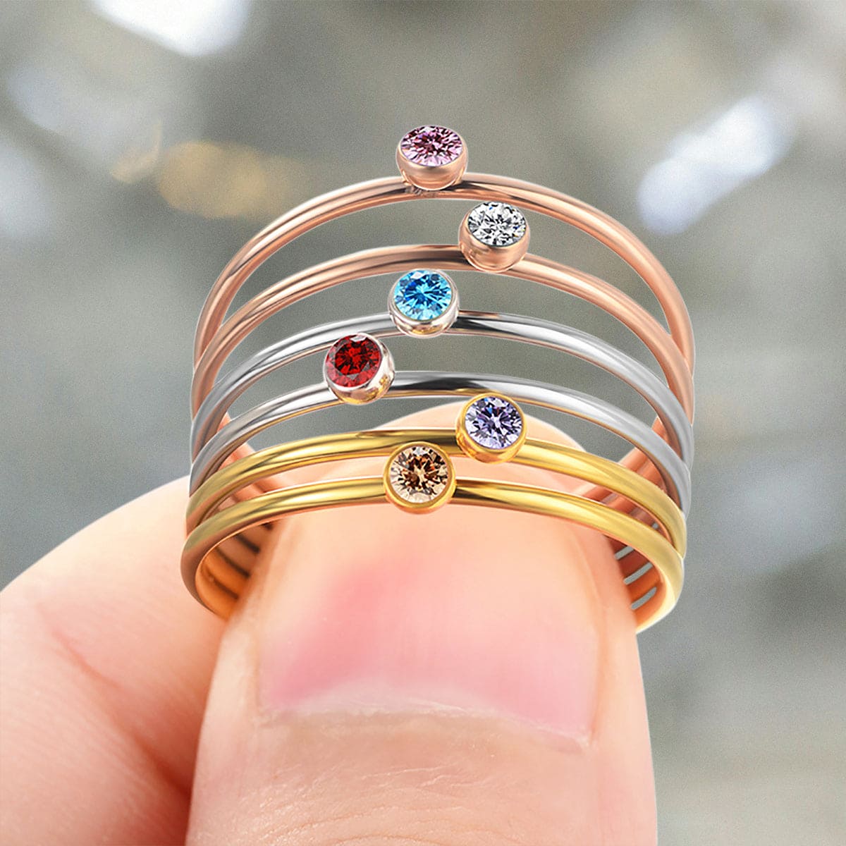 Bague empilable personnalisée avec pierres de naissance familiales - Acier inoxydable