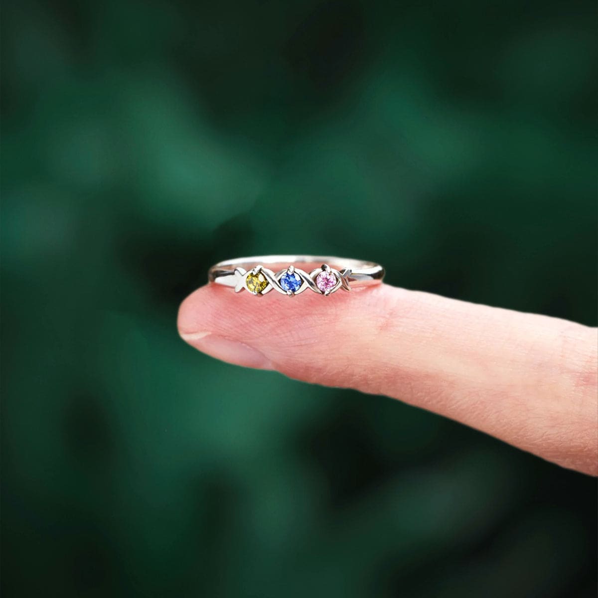 Bague Croissant Personnalisée Pierres de Naissance Familiales - Argent Sterling S925