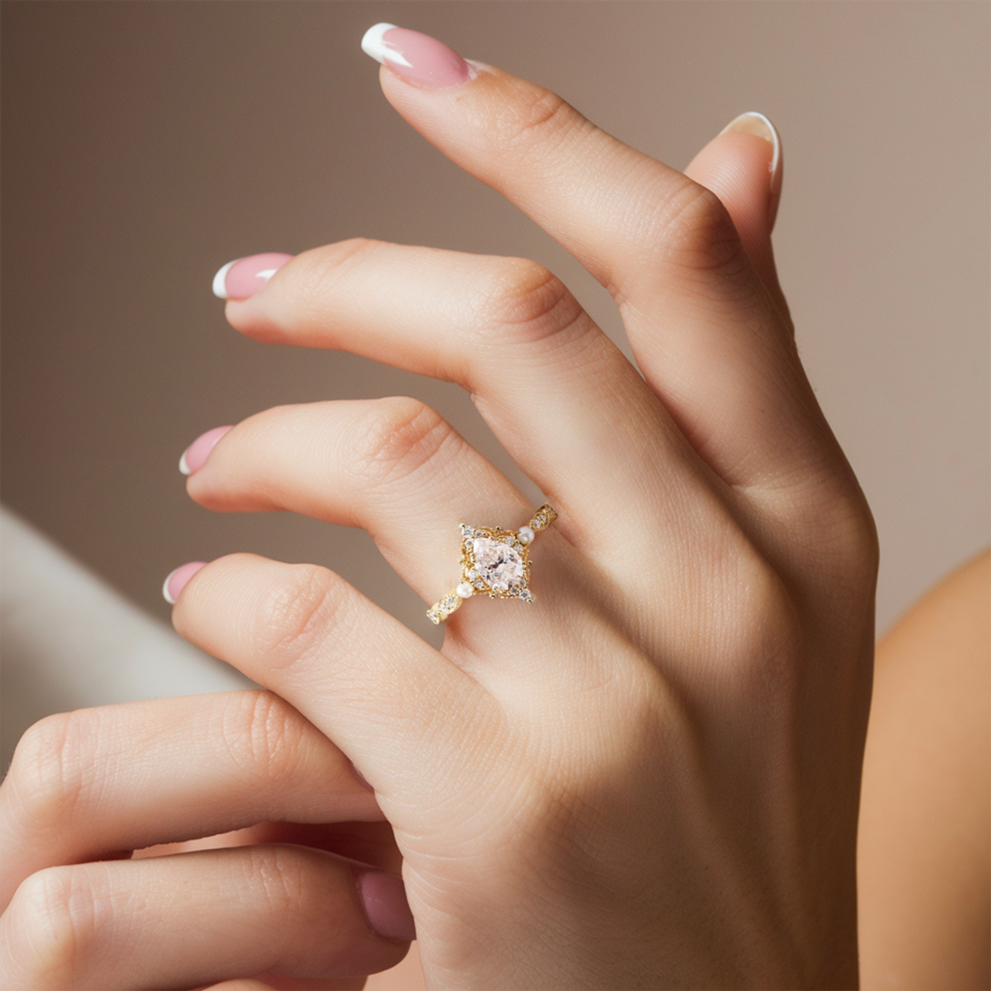 Vintage-Ring aus Roségold mit Diamanten und Perlen