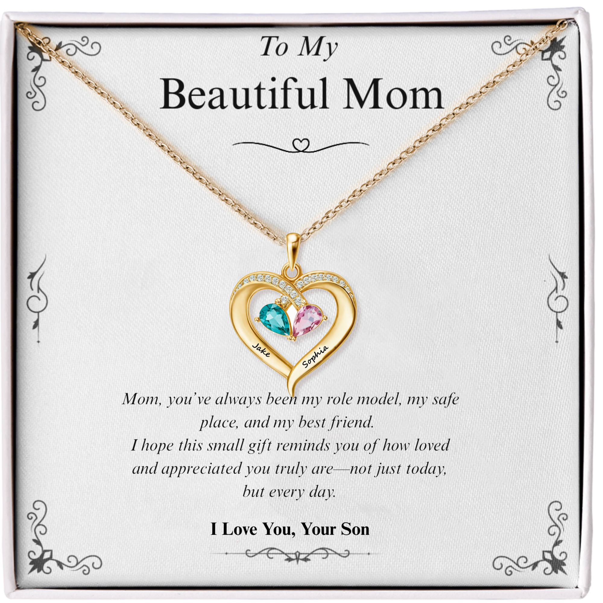 Beautiful Mom | Custom 2 Birthstones Heart Necklace
