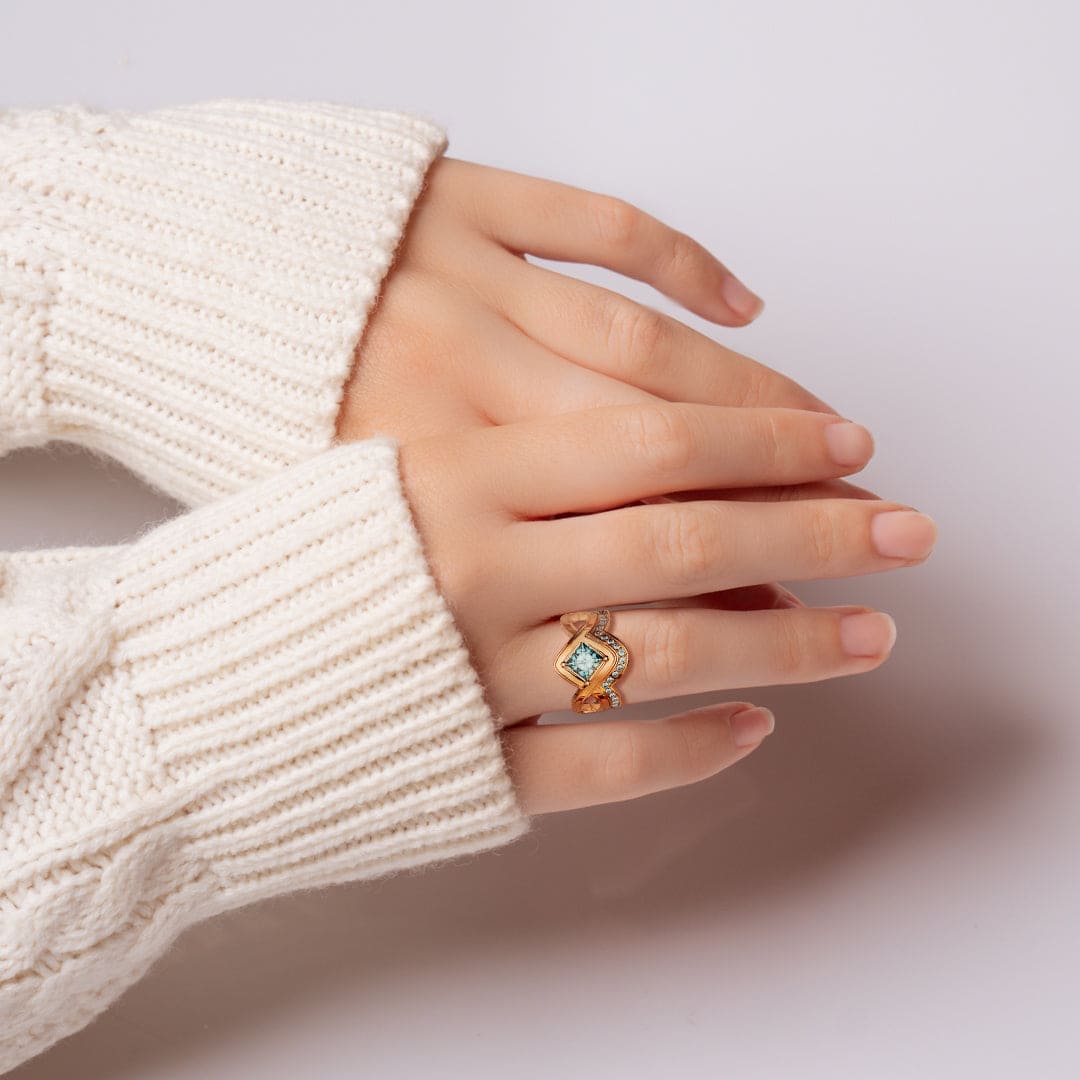 Aqua Elegance: Bague 2 Pièces Taille Princesse - Vermeil Or Rose 18K