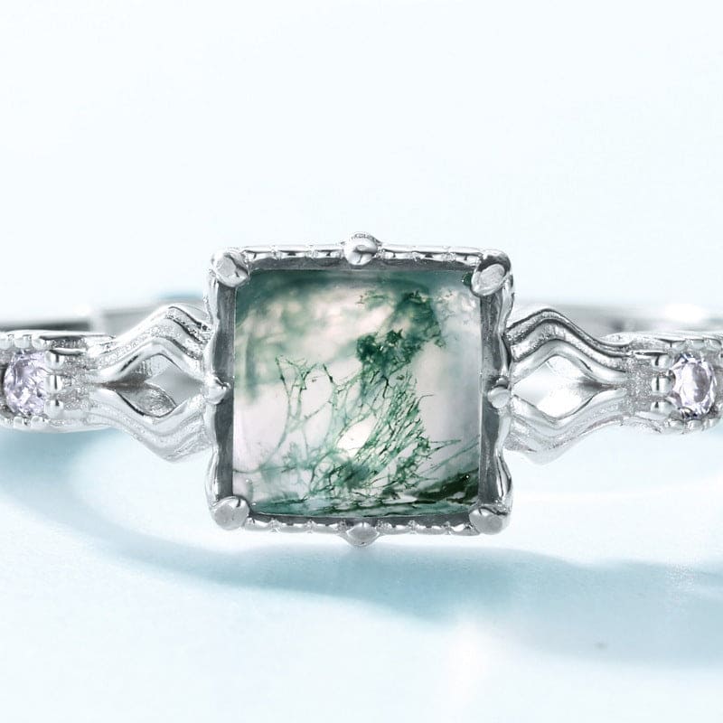 Bague ondulée avec Agate Mousse naturelle taille coussin - Argent Sterling S925