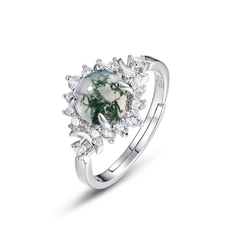 Bague florale halo en agate mousse naturelle ronde - Argent Sterling S925