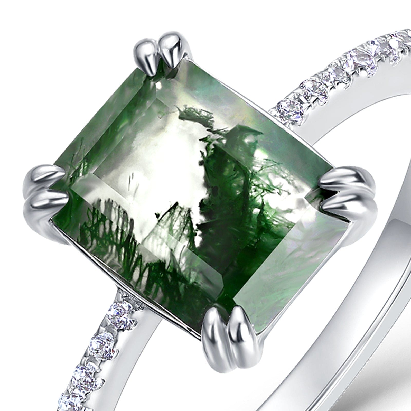 Bague en argent sterling S925 avec pavé de diamants, agate mousse naturelle taille hexagonale