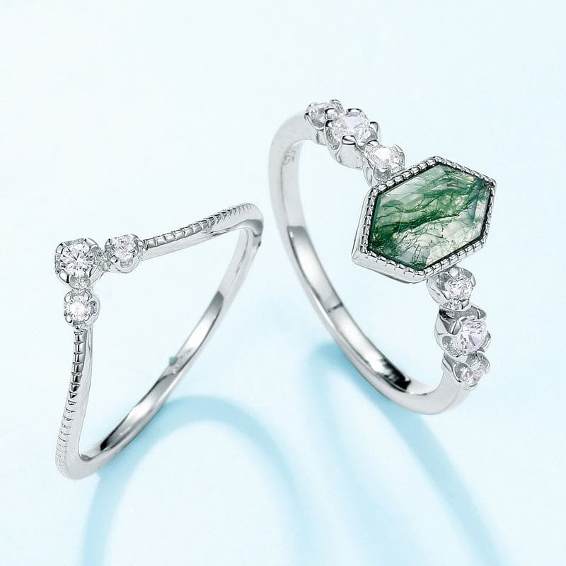 Bague Duo Agate Mousse Taille Cerf-Volant Sérénité & Diamant - Argent Sterling S925