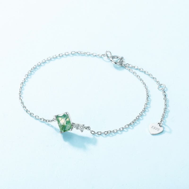 Bracelet de charme en agate mousse naturelle taille carrée - Argent Sterling S925