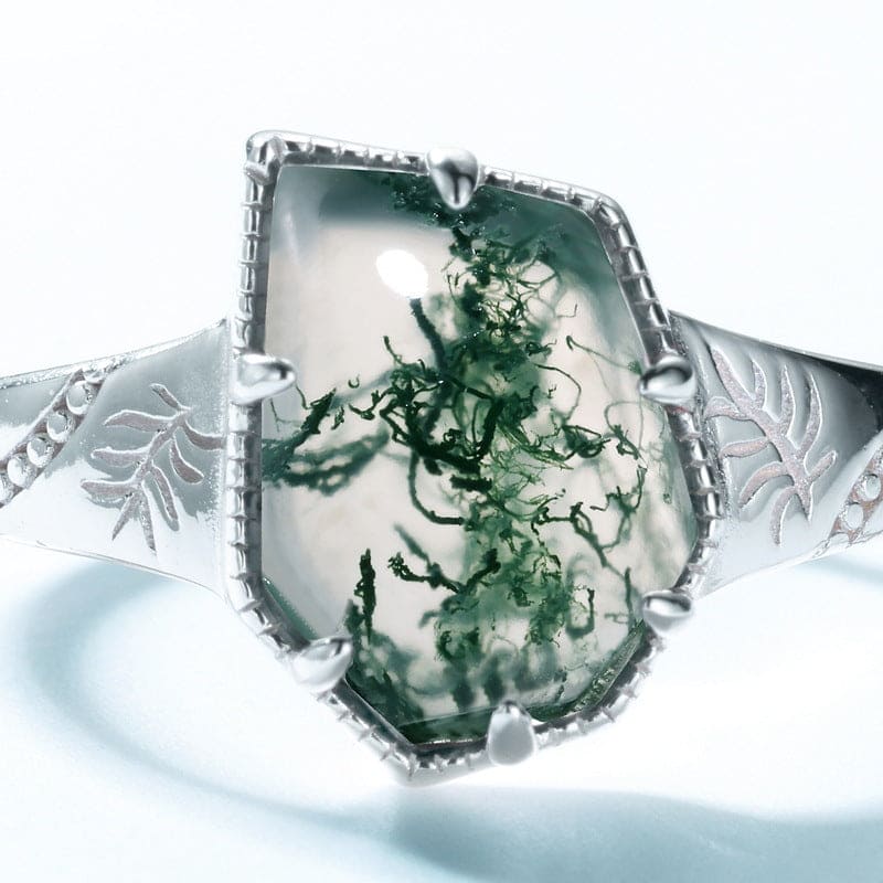 Bague coussin en agate mousse naturelle motif feuille - Argent Sterling S925