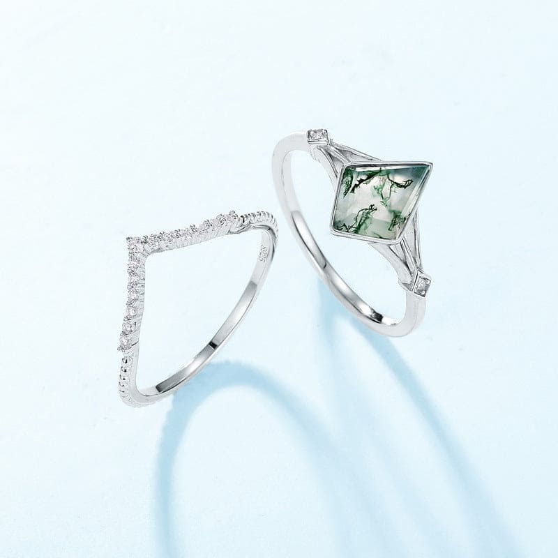 Bague Solitaire Agate Mousse Naturelle Coupe en V - Argent Sterling S925