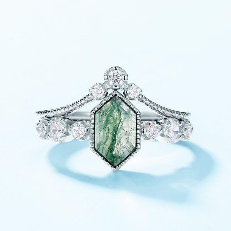 Bague Duo Agate Mousse Taille Cerf-Volant Sérénité & Diamant - Argent Sterling S925