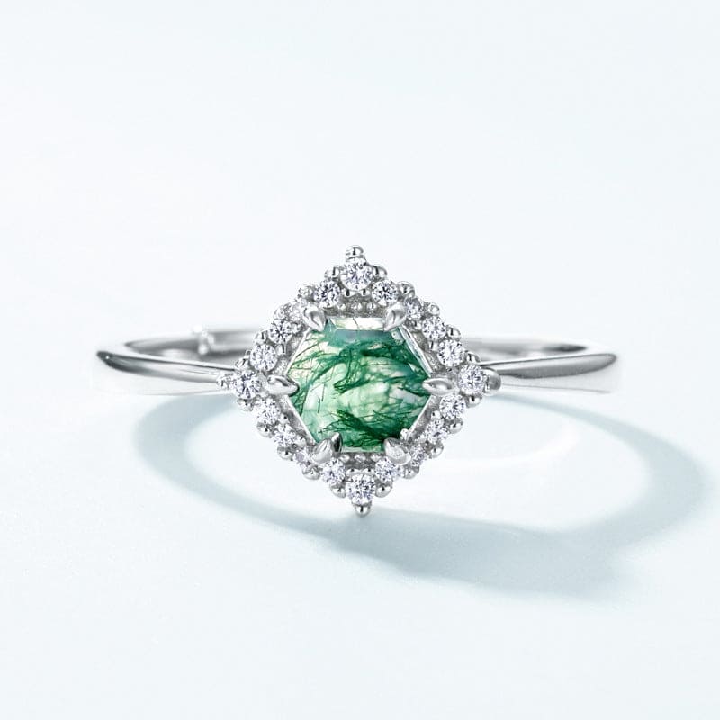 Bague Halo Diamant Agate Mousse Naturelle Hexagonale - Argent Sterling S925