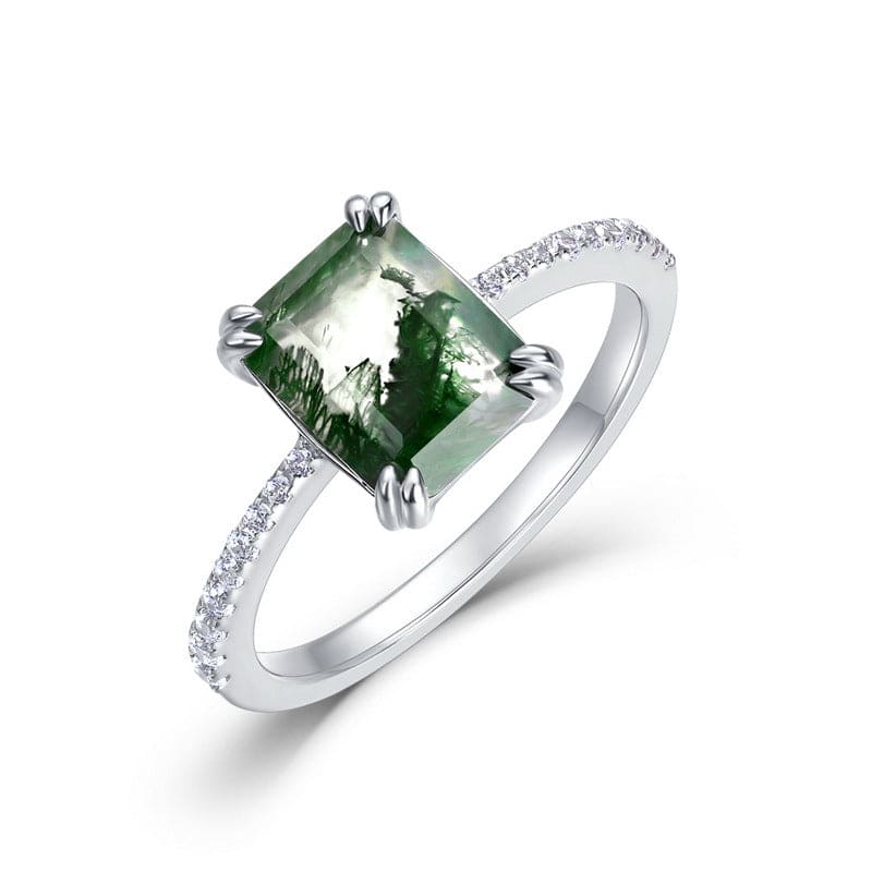 Pavé Diamonds Hexagonal Cut Natural Moss Agate Ring - S925 Sterling Silver