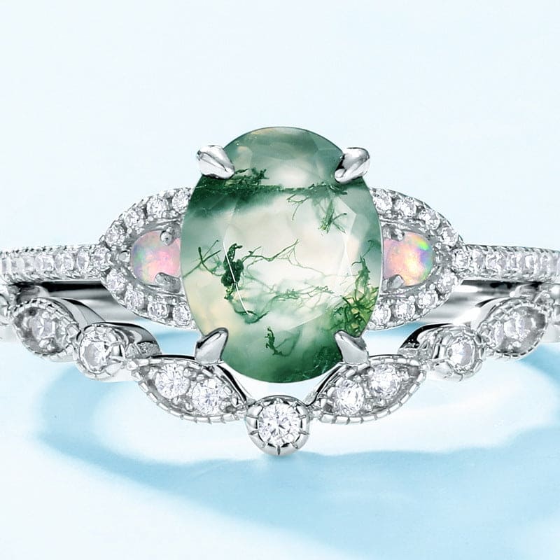 Ensemble Bague avec Agate Mousse Ovale et Diamants - Argent Sterling S925