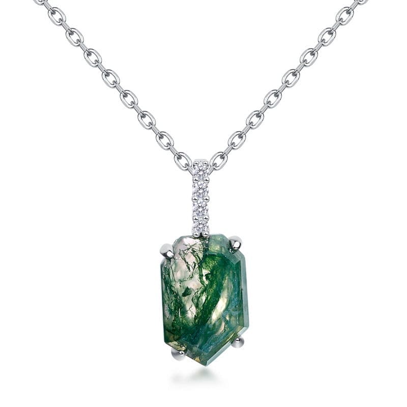Coffin Cut Natural Moss Agate Column Pendant Necklace - S925 Sterling Silver