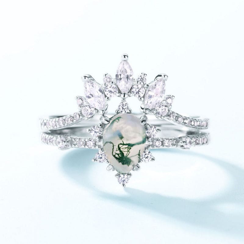 Ensemble Bague Argent S925, Agate Mousse, Diamant Marquise, Coupe Kite Givrée