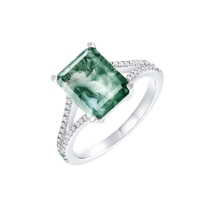 Bague Halo Diamants Agate Mousse Naturelle Taille Coussin - Argent Sterling S925