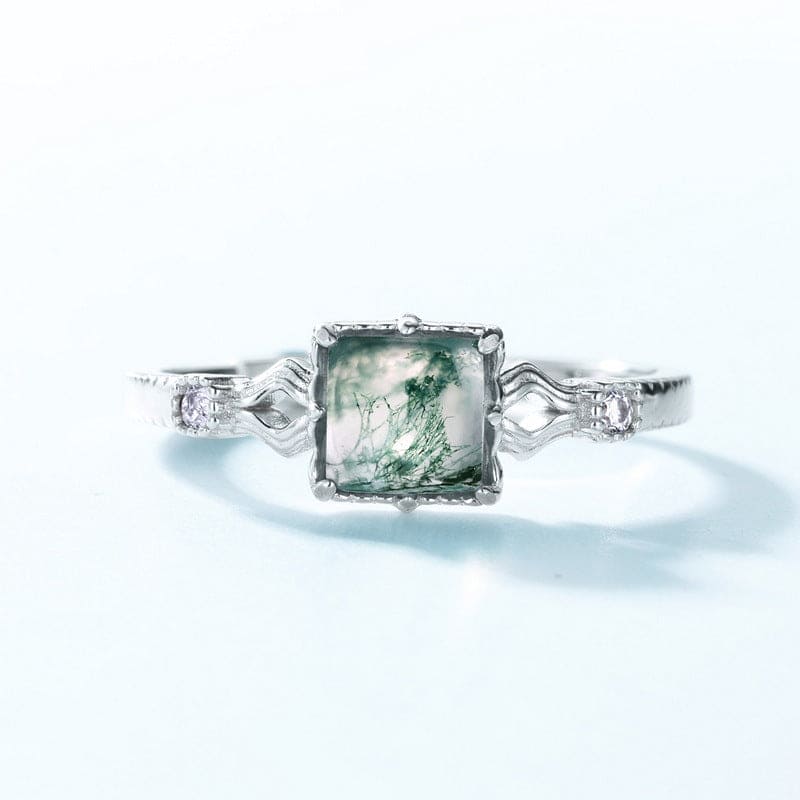 Bague ondulée avec Agate Mousse naturelle taille coussin - Argent Sterling S925