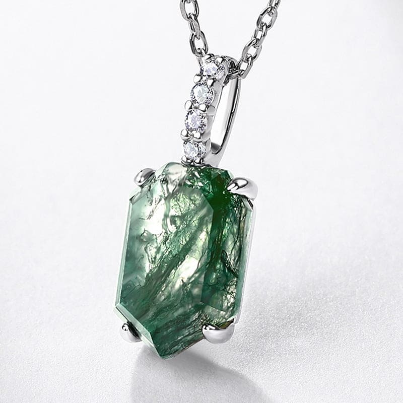 Collier Pendentif Colonne Agate Mousse Naturelle Coupe Cercueil - Argent Sterling S925