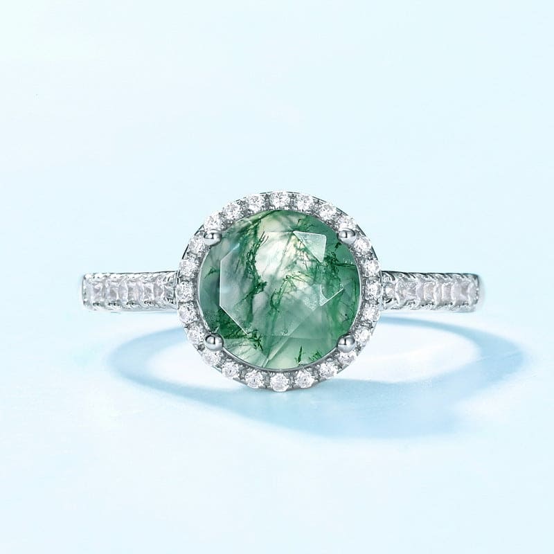 Bague ovale en agate mousse naturelle et diamants - Argent Sterling S925