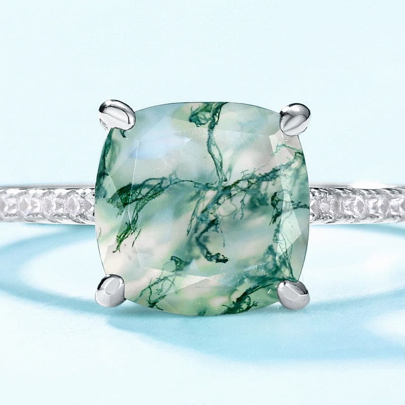 Bague pavée en argent sterling S925 avec agate mousse naturelle taille coussin