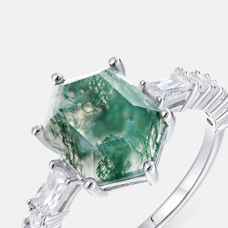 Bague accentuée baguette en agate mousse naturelle hexagonale - Argent Sterling S925