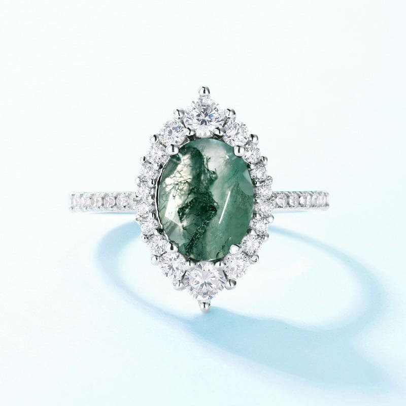 Bague Halo Ovale en Agate Mousse Naturelle - Argent Sterling S925