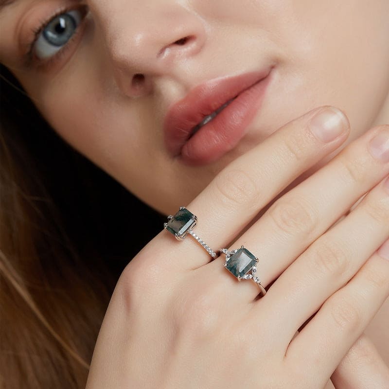 Bague en argent sterling S925 avec pavé de diamants, agate mousse naturelle taille hexagonale