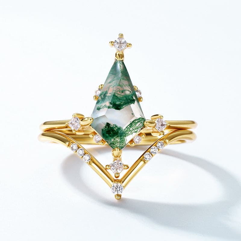 Kite Cut Natural Moss Agate Gold Ring Set - S925 Sterling Silver
