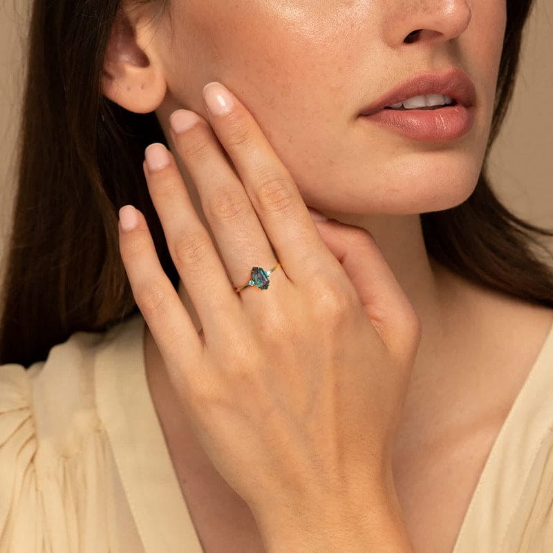 Trio Élégant de Pierres Précieuses Bague Agate Mousse Naturelle - Argent Sterling S925
