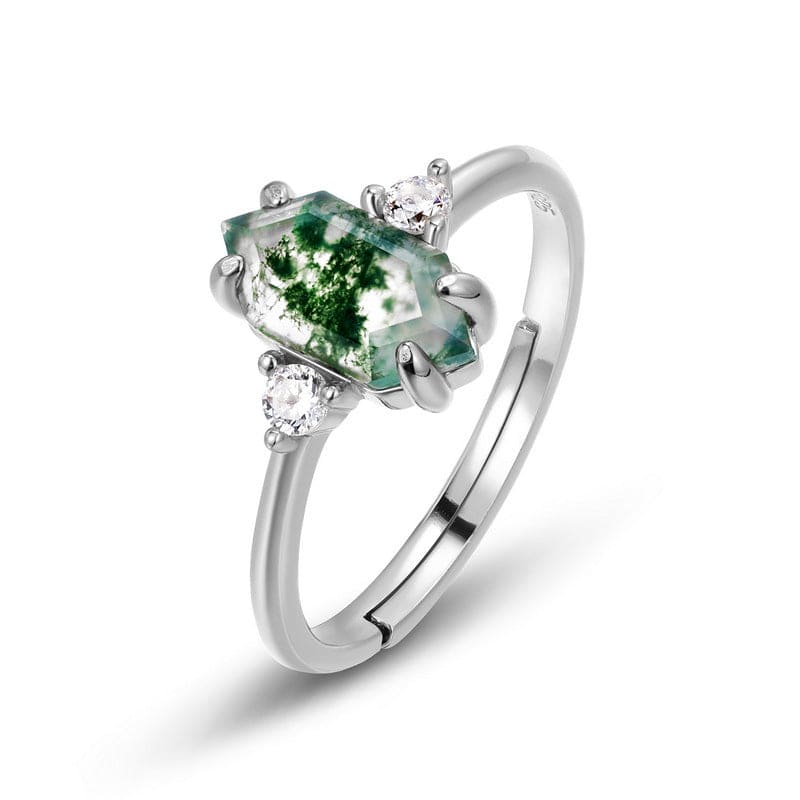 Trio Élégant de Pierres Précieuses Bague Agate Mousse Naturelle - Argent Sterling S925