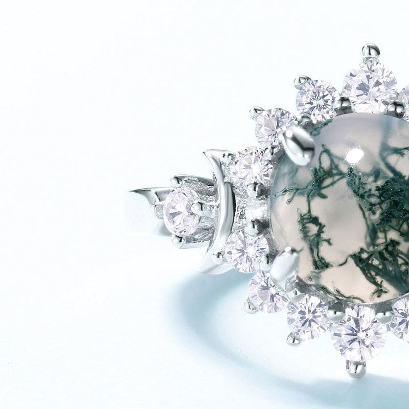 Bague florale halo en agate mousse naturelle ronde - Argent Sterling S925
