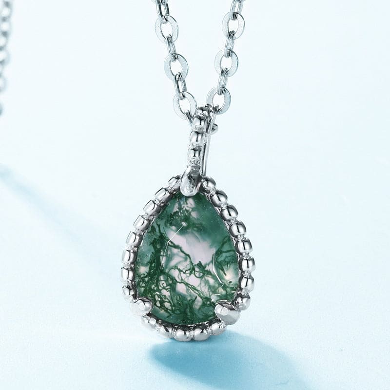 Pendentif Agate Mousse Naturelle en Forme de Goutte - Argent Sterling S925
