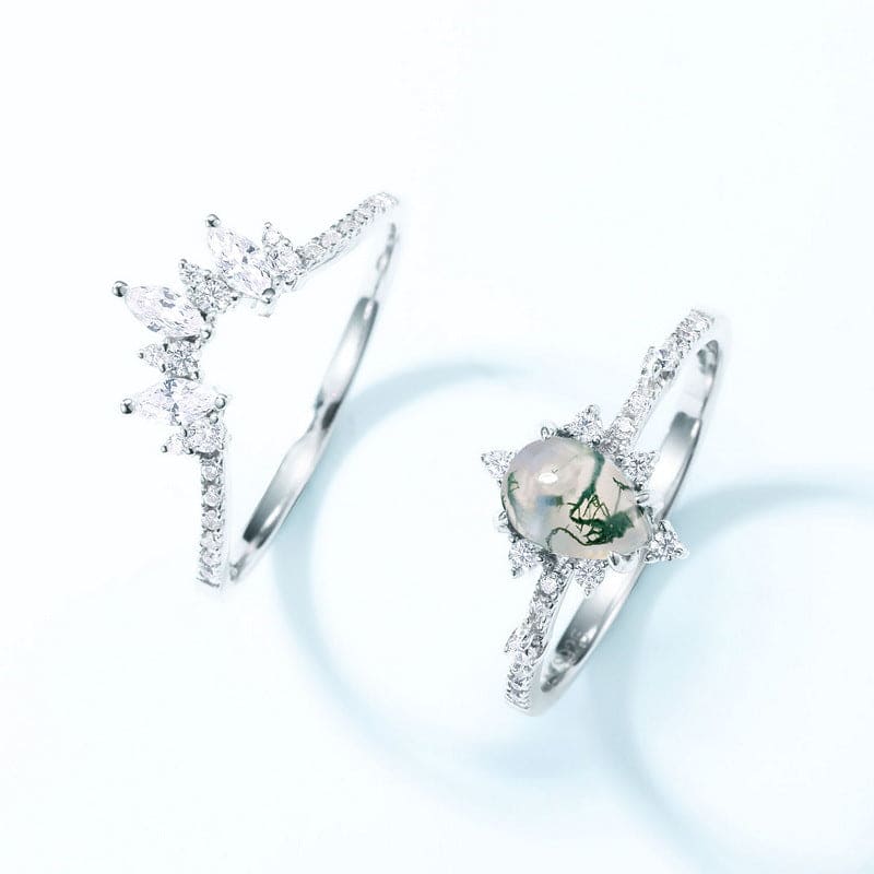 Ensemble Bague Argent S925, Agate Mousse, Diamant Marquise, Coupe Kite Givrée