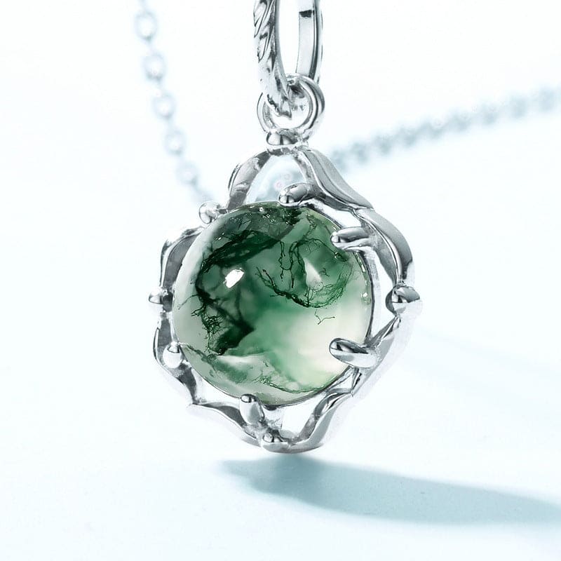 Collier Pendentif Nœud Celtique Agate Mousse Naturelle - Argent Sterling S925
