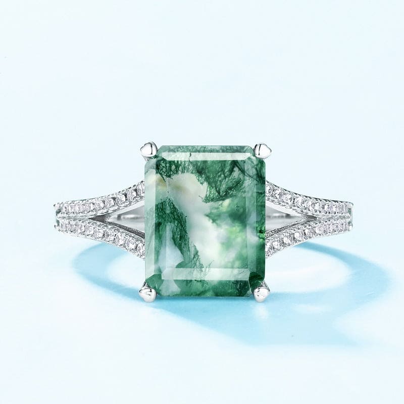 Bague Halo Diamants Agate Mousse Naturelle Taille Coussin - Argent Sterling S925