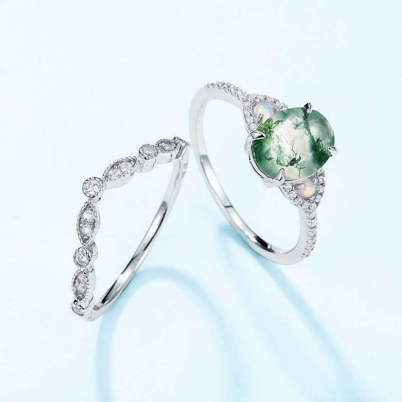 Ensemble Bague avec Agate Mousse Ovale et Diamants - Argent Sterling S925