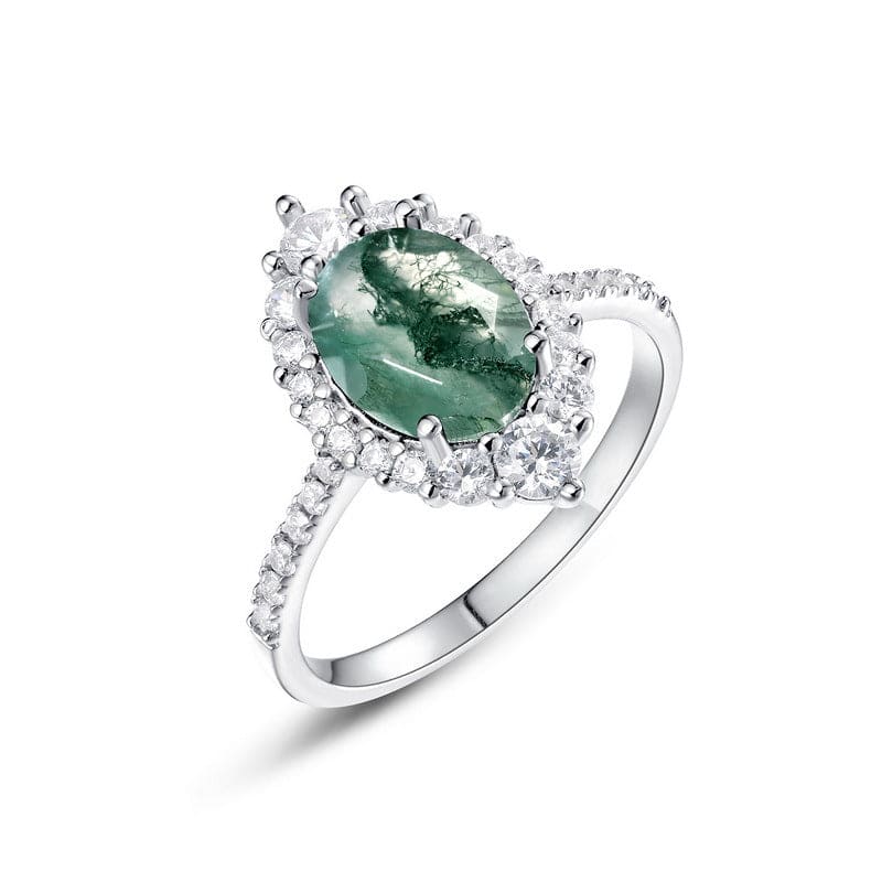 Bague Halo Ovale en Agate Mousse Naturelle - Argent Sterling S925