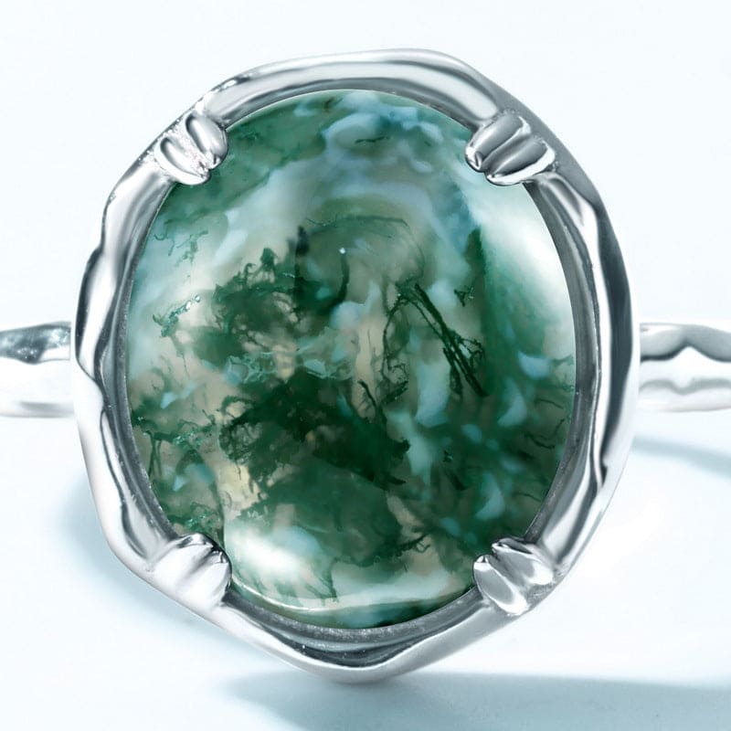 Bague en Agate Mousse Naturelle Flux Organique - Argent Sterling S925