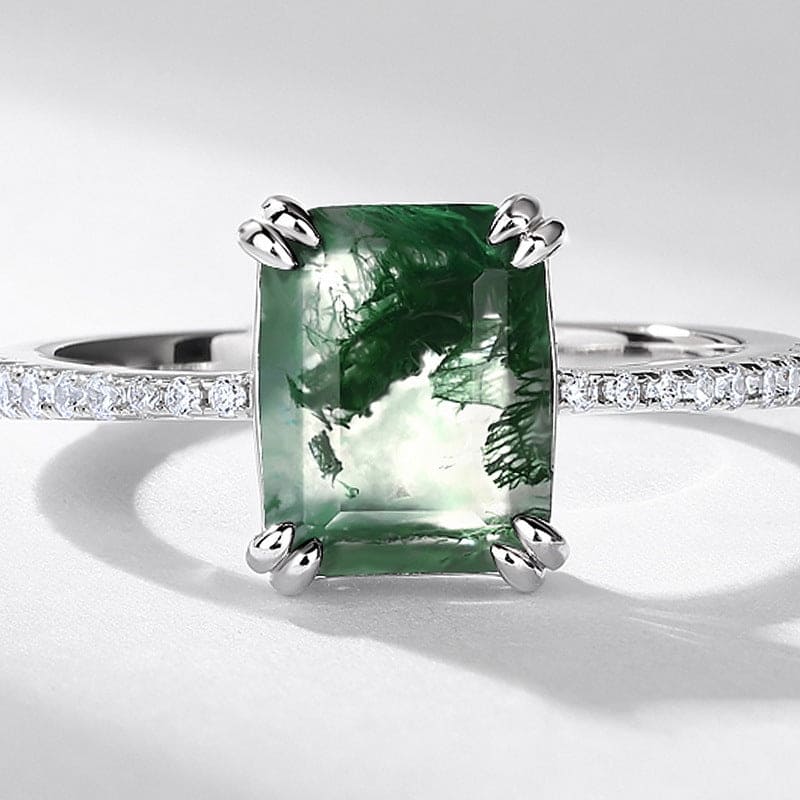 Bague en argent sterling S925 avec pavé de diamants, agate mousse naturelle taille hexagonale
